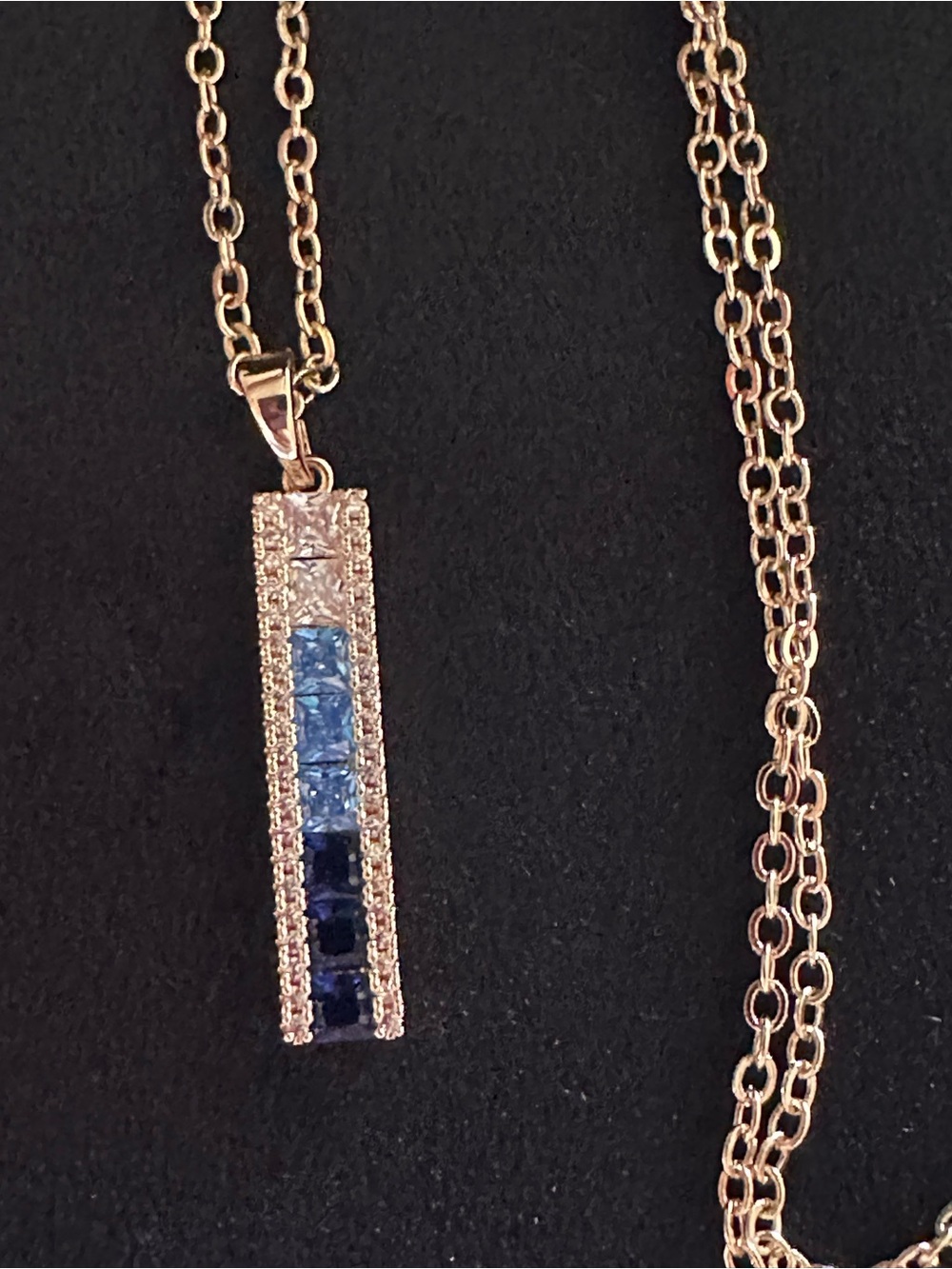 Vince Camuto Gold Tone Blue Crystal Bar Pendant Necklace 18 inch